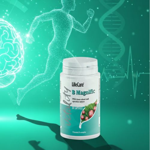 Imaginea ilustrează vizual sinergia dintre puterea fizică și cea mentală adusă de B Magnific Life Care®. Lumina vibrantă care emană de la creierul stilizat simbolizează claritatea mentală și susținerea sistemului nervos, indicând modul în care vitaminele B (B6, B12) ajută la gestionarea stresului și la îmbunătățirea concentrării. Silueta umană dinamică, plină de elan, reprezintă creșterea nivelului de energie și combaterea oboselii, rol major al vitaminelor B1, B2 și B5 în metabolismul energetic. Elementele subtile din fundal completează mesajul, sugerând protecția cardiovasculară și sprijinul oferit de complexul B pentru o stare generală de vitalitate și echilibru.