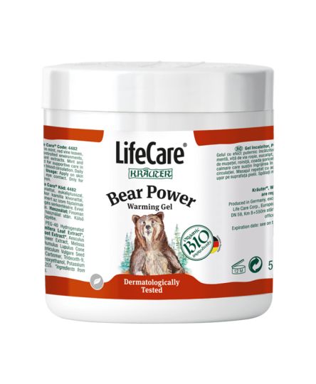 imaginea prezinta o cutie de Gel incalzitor, Puterea Ursului®, cu plante BIO, Life Care®
