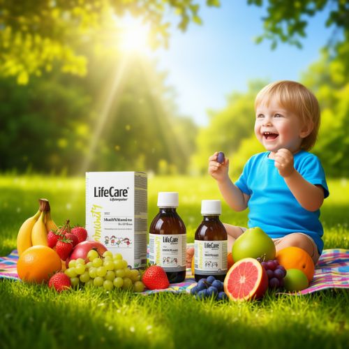 Imaginea surprinde un moment vesel și plin de viață, petrecut în aer liber, într-un cadru natural, cel mai probabil un parc sau o grădină. În prim-plan, pe o pătură de picnic, se află un copil, cu o expresie de bucurie pură, râzând în timp ce ține o fructă mică în mână. Alături de el, sunt aranjate frumos mai multe fructe proaspete și colorate, printre care banane, căpșuni, struguri, mere și citrice, sugerând o alimentație sănătoasă și echilibrată. Lângă fructe sunt așezate două sticluțe și o cutie de carton, toate inscripționate cu numele