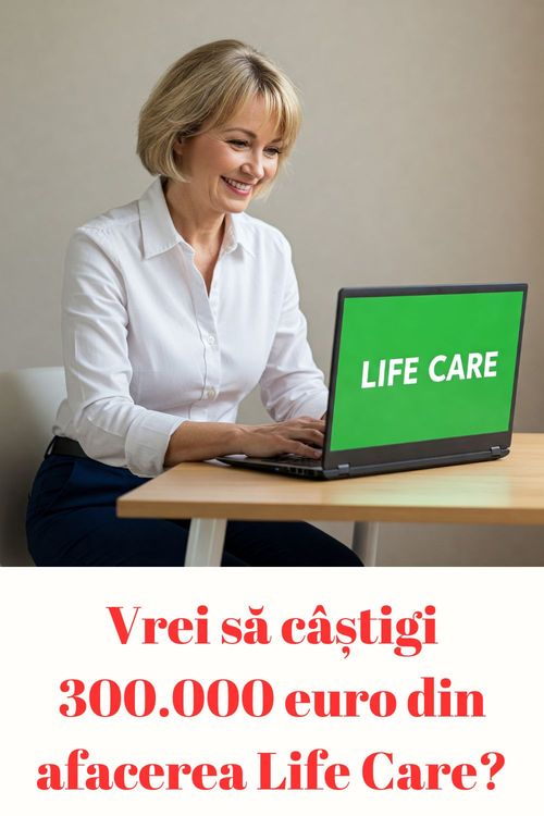 O femeie zâmbitoare și entuziasmată folosește un laptop cu logo-ul Life Care afișat pe ecran, însoțit de textul provocator 