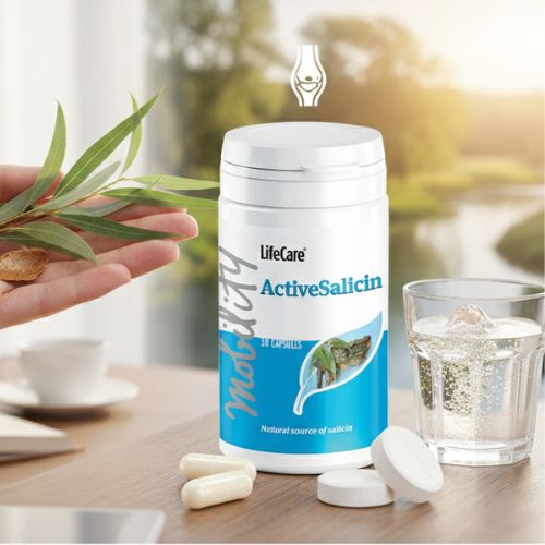 maginea prezintă o compoziție echilibrată, care evocă legătura dintre natură, știință și starea de bine. O mână delicată ține o crenguță de salcie, simbolizând originea naturală a ingredientului activ, salicina. Alături, flaconul de ActiveSalicin de la Life Care® stă pe o masă, înconjurat de un pahar cu apă proaspătă și câteva capsule, sugerând ușurința administrării. Contextul general (o fereastră deschisă spre natură, o carte și o ceașcă de cafea) subliniază ideea unui stil de viață echilibrat și conștient, în care natura oferă soluții pentru confortul articular și muscular, aduse prin intermediul unui supliment modern. O pictogramă discretă a unei articulații subliniază beneficiul principal al produsului.