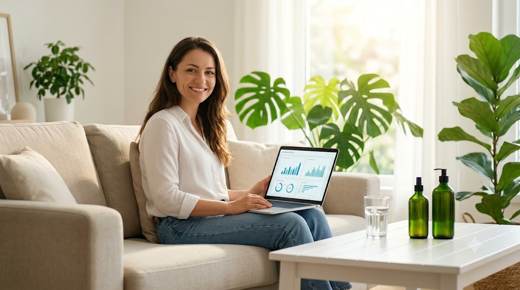 Femeie zâmbitoare lucrând de acasă pe laptop lângă produse bio Life Care pentru venit suplimentar.
