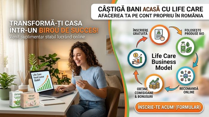 Femeie zâmbitoare lucrând de acasă la laptop, infografic cu planul de afaceri și succesul Life Care în România.