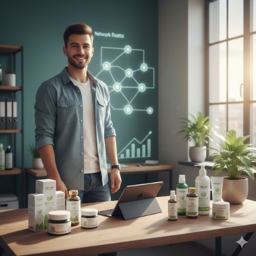 Un antreprenor zâmbitor stă la biroul său modern, înconjurat de o selecție de produse bio Life Care, cu o schemă de rețea de marketing desenată pe peretele din spate.