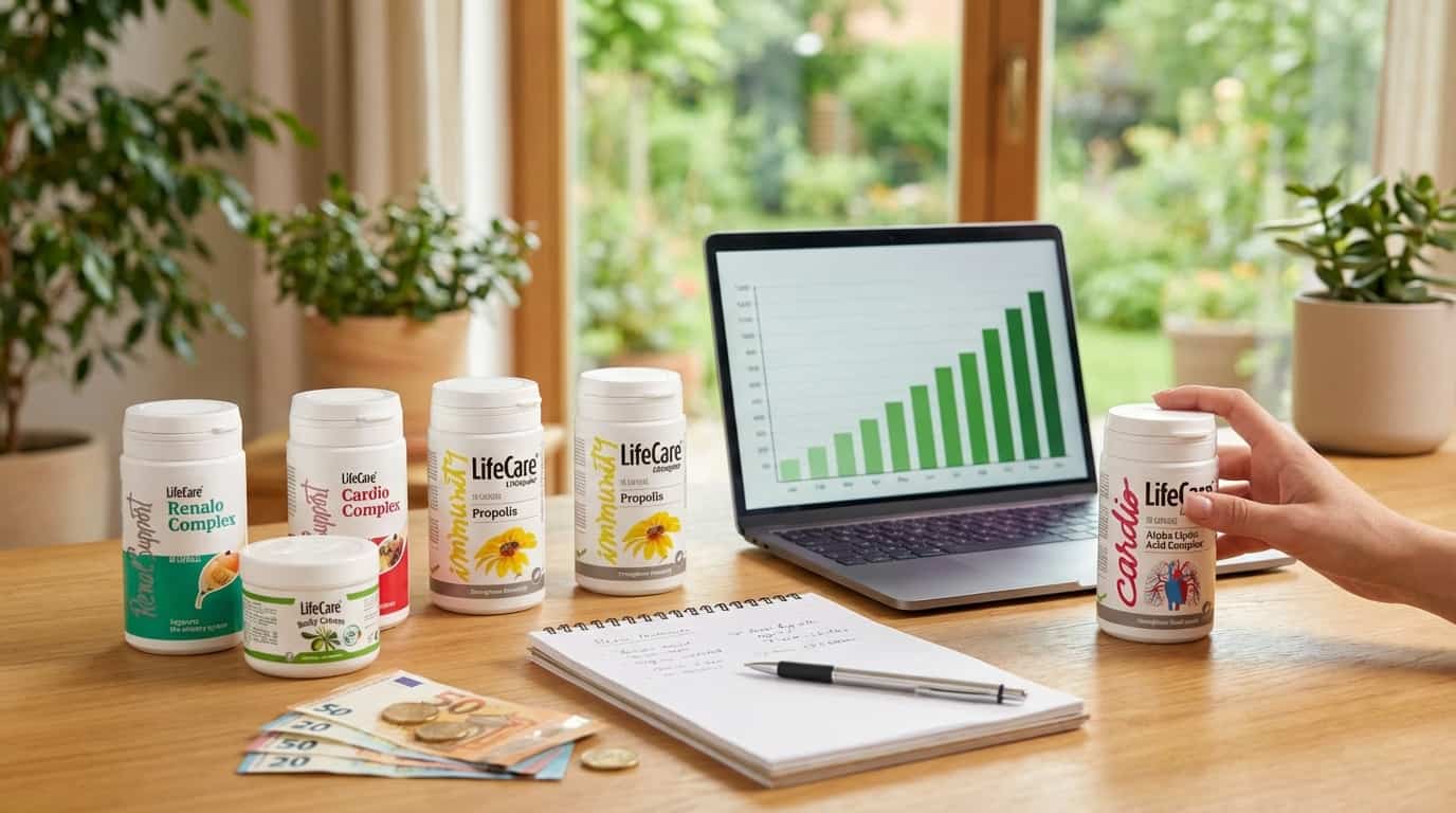 Produse Life Care, bani și laptop cu grafic de creștere pentru o afacere profitabilă online.