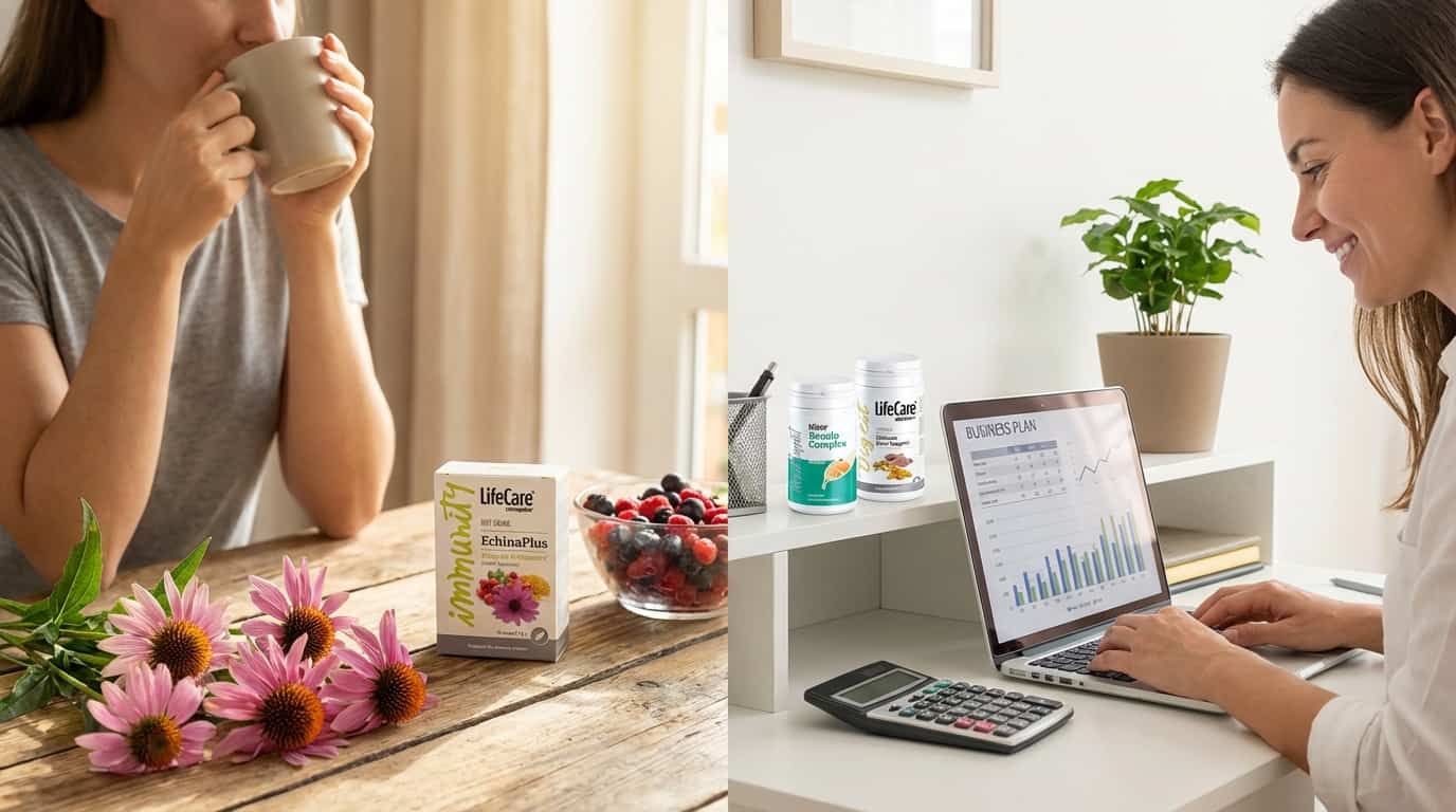 Femeie bând ceai lângă suplimente Life Care și analizând un plan de afaceri pe laptop