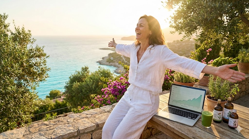 Afacerea Life Care: Libertate financiară și succes. Femeie fericită lucrând remote cu produse bio.