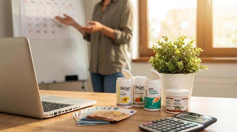 Produse LifeCare, bani și laptop pe birou pentru o afacere online de succes și profitabilă.