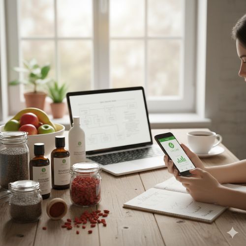 Această imagine combină elemente de lifestyle sănătos (produse bio, lumină naturală) cu aspectul de antreprenoriat modern (laptop, telefon, planificare), fiind perfect aliniată cu tema articolului despre lansarea unei afaceri Life Care de acasă.