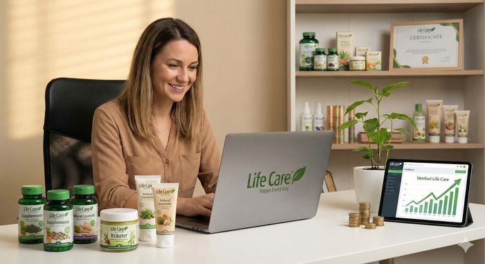 O femeie de afaceri zâmbind în timp ce lucrează la un laptop cu logo-ul Life Care într-un birou de acasă. Pe masă sunt așezate diverse produse bio Life Care (suplimente, cremă Kräuter), un teanc de monede și o tabletă care afișează un grafic financiar ascendent cu textul 