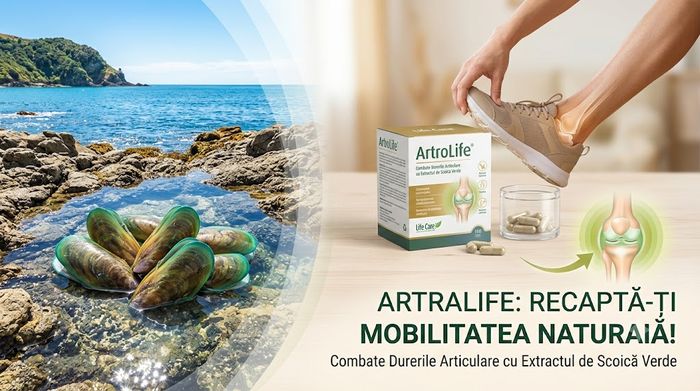 Cutie ArtroLife Life Care cu extract de scoică verde și ilustrație cu articulația genunchiului refăcută