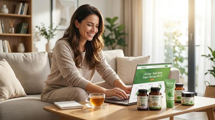 Femeie zâmbitoare lucrând pe laptop acasă, lângă produse bio Life Care pe masă în format 16:9