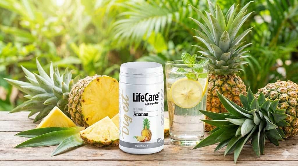 Capsule LifeCare Digest Ananas pentru digestie, cu ananas proaspăt și feliat într-un decor natural însorit.