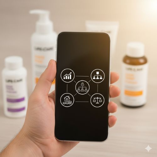 O mână ține un smartphone care afișează o schemă complexă de interconectare, simbolizând structura unei afaceri MLM și planul de compensare. În jurul smartphone-ului, estompate, se văd produse de îngrijire personală și suplimente, sugerând domeniul de activitate al Life Care. Lumina caldă din fundal simbolizează potențialul de succes și prosperitate.