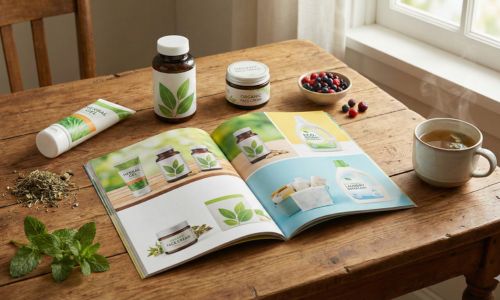 O fotografie flat lay pe o masă de lemn rustică, prezentând un catalog deschis cu pagini ce ilustrează produse naturale, înconjurat de produse fizice precum geluri din plante, suplimente în sticle, cremă organică de față și un bol cu fructe de pădure, sugerând o viață sănătoasă și oferte din catalogul Life Care.