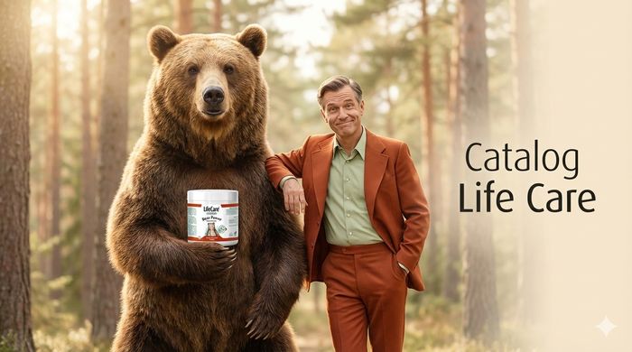 Urs brun și bărbat în costum prezentând gelul încălzitor Puterea Ursului de la LifeCare într-un decor de pădure, imagine pentru catalog.