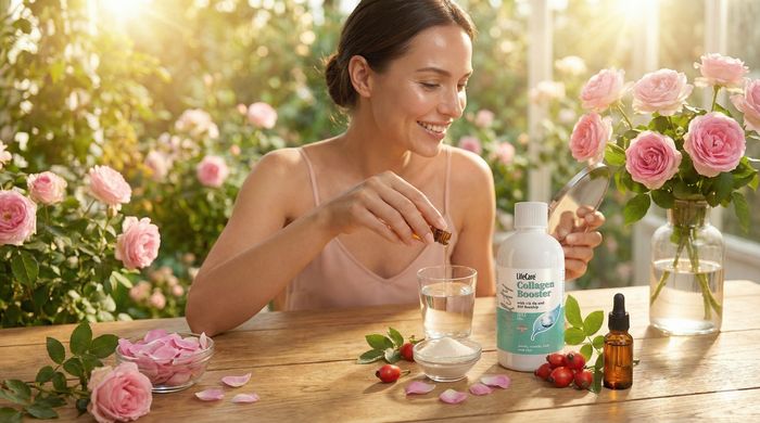 Femeie zâmbitoare cu piele radiantă pregătind un pahar cu supliment lichid Colagen Life Care, înconjurată de ingrediente naturale și flori de măceș.