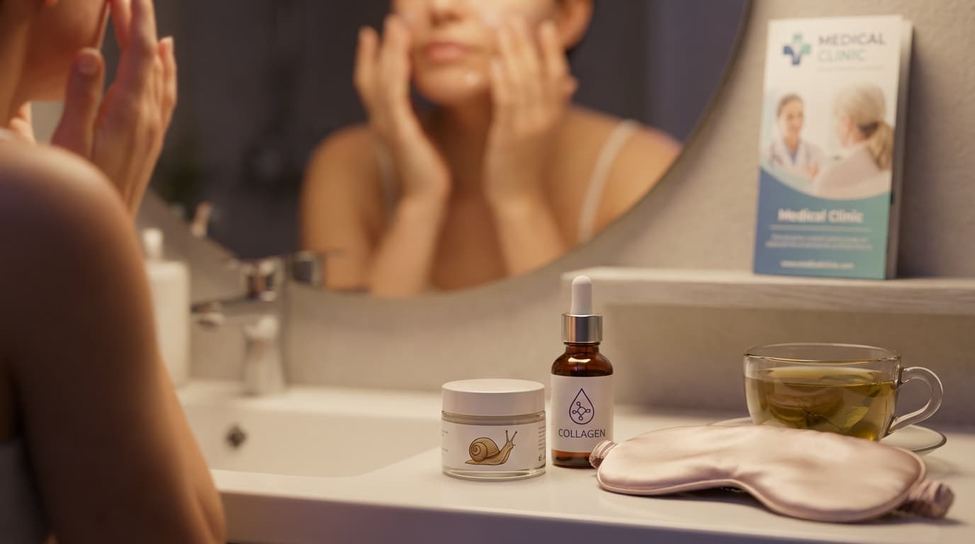 Femeie aplicând cremă cu melc și ser colagen în fața oglinzii, rutină de îngrijire a tenului.