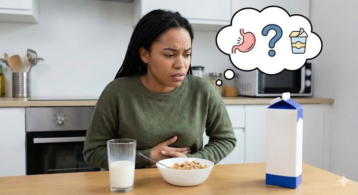 O femeie la micul dejun ținându-se de stomac cu o expresie de disconfort după ce a consumat cereale cu lapte. Deasupra capului ei este un balon de gândire cu pictograme reprezentând un stomac iritat, un semn de întrebare și produse lactate, sugerând simptomele intoleranței la lactoză.