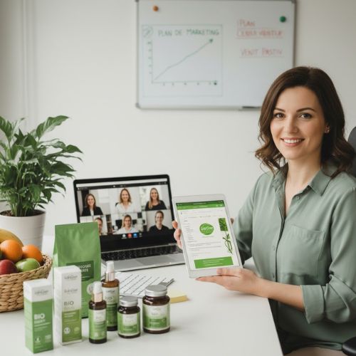 Această imagine surprinde esența demarării unei afaceri Life Care de la zero: o femeie antreprenor, plină de încredere, care își gestionează afacerea de acasă. Ea prezintă cu mândrie platforma online Life Care de pe tabletă, în timp ce laptopul deschis arată o ședință virtuală cu echipa sa, simbolizând suportul și mentoratul. Produsele Life Care, vizibile pe birou, subliniază focusul pe sănătate și natură, iar planul de marketing de pe tabla din spate reamintește de importanța strategiei pentru succesul în afacere.