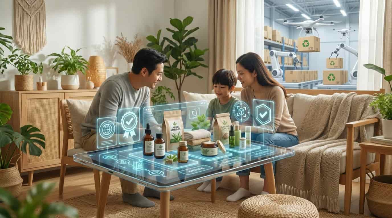 Familie folosind masă digitală pentru cumpărături sustenabile livrate prin drone