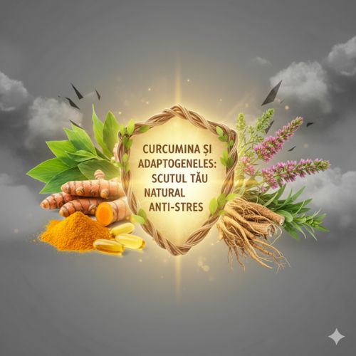O imagine vibrantă cu rădăcini de turmeric și pudră de curcumină, alături de plante adaptogene precum Ashwagandha și Rhodiola, aranjate artistic pentru a sugera protecție și echilibru natural împotriva stresului.