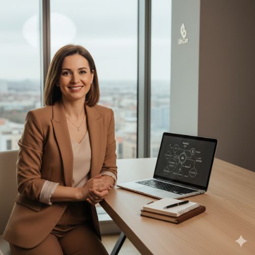 O femeie de afaceri carismatică zâmbește încrezătoare, așezată la un birou modern cu un laptop deschis, care afișează o schemă complexă de relații și succes. Imaginea simbolizează inteligența strategică și viziunea din spatele succesului unei afaceri bazate pe conexiuni umane și valoare, reflectând modul în care produsele, precum cele Life Care, se integrează natural în stilul de viață al consumatorilor și se „vând singure” prin rețeaua de încredere și recomandări autentice, fără a necesita o prezentare directă a produselor fizice.