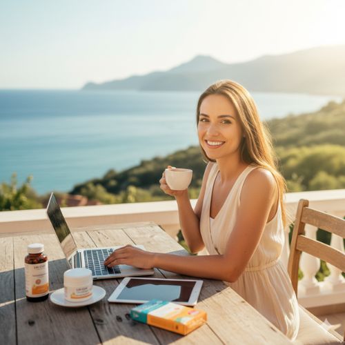 O femeie zâmbitoare lucrează la laptop pe o terasă însorită cu vedere la mare, lângă produse Life Care, simbolizând libertatea financiară și flexibilitatea unei afaceri online.