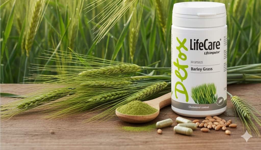 Capsule Detox Life Care cu orz verde și pudră naturală pe fundal de câmp agricol verde.
