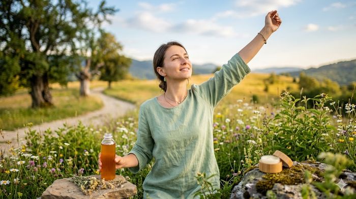 Femeie fericită în natură cu sticlă de remediu naturist și cremă organică, 16:9.