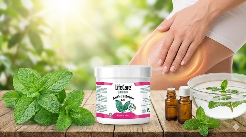 Gel anticelulitic LifeCare cu mentă BIO, masaj pe picior cu efect de încălzire, ingrediente naturale.