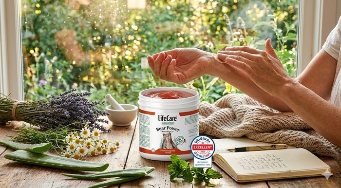 În centrul unei scene scăldate în lumina caldă a soarelui, produsul 'LifeCare Kräuter Bear Power Warming Gel' este pregătit pentru utilizare. O mână aplică cu grijă gelul roșiatic pe încheietura altei persoane, sugerând un masaj terapeutic și alinare. Atmosfera este una naturală și reconfortantă, cu mănunchiuri de lavandă, flori de mușețel, frunze de aloe vera, un mojar cu pistil, o pătură tricotată și un jurnal deschis, alături de sigla 'ORIGINAL EXCELLENT 2025 dermatest'.