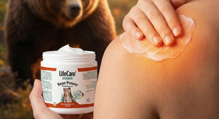 Imaginea este un prim-plan care surprinde o persoană aplicând o cremă albă pe umărul său drept. În mâna stângă, persoana ține un borcan deschis de