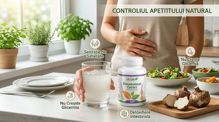 Femeie care își mângâie abdomenul lângă un pahar cu apă și suplimentul Glucomannan Extract Life Care