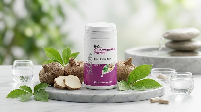 Flacon Glucomannan Extract Life Care pe suport de marmură cu rădăcini konjac și apă, stil wellness.