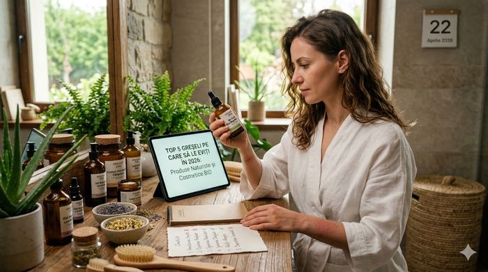 Femeie analizând cosmetice bio pentru a evita greșeli cu produse naturiste în 2026.