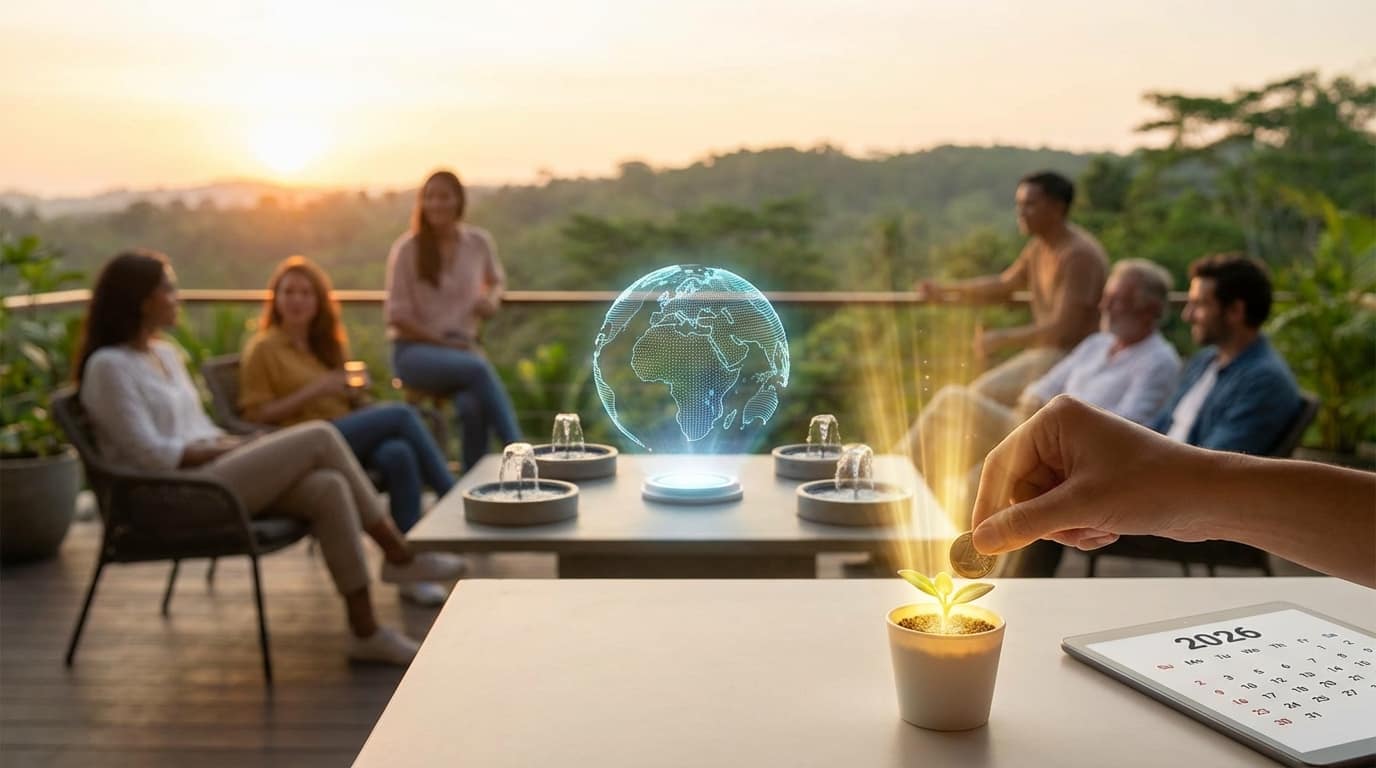 Investiție globală sustenabilă în 2026 cu hologramă pământ și plantă crescând din monedă.