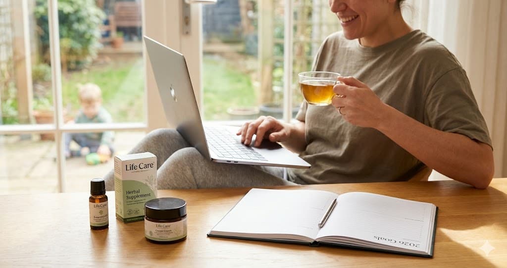 Job flexibil de acasă: femeie la laptop cu produse naturale Life Care în 2026. Agendă și ceai pe masă.