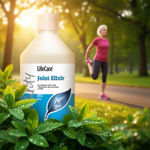 Imaginea prezintă o sticlă de Joint Elixir de la Life Care, așezată în prim-plan, pe un fundal verde, luxuriant, cu frunze pe care se văd picături de apă, sugerând prospețime și natură. Numele produsului și logo-ul companiei sunt vizibile clar pe etichetă. În fundal, o femeie în vârstă, cu părul alb, face exerciții de stretching într-un parc însorit, pe o alee. Postura ei și lumina blândă de apus sau de răsărit creează o atmosferă de armonie, energie și sănătate. Întregul cadru sugerează o legătură puternică între produsul Joint Elixir și un stil de viață activ și plin de vitalitate, chiar și la o vârstă înaintată.