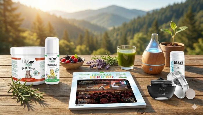 O compoziție flat-lay pe o masă rustică din lemn, având ca fundal un peisaj montan însorit. Central este deschisă revista Life Care 'Jurnalul FERICIRII', ediția decembrie 2025 - ianuarie 2026, la o pagină despre evenimentul 'Biohacking 360'. În jurul revistei sunt aranjate produse Life Care: gelul 'Bear Power', roll-on-ul 'Magic Roll', suplimentul 'ArtroLife' și 'Magnetic Mask'. Decorul este completat de un pahar cu suc verde, un bol cu fructe de pădure, crenguțe de lavandă și rozmarin, un difuzor de aromaterapie iluminat și o plantă tânără în ghiveci, sugerând sănătate și natură.