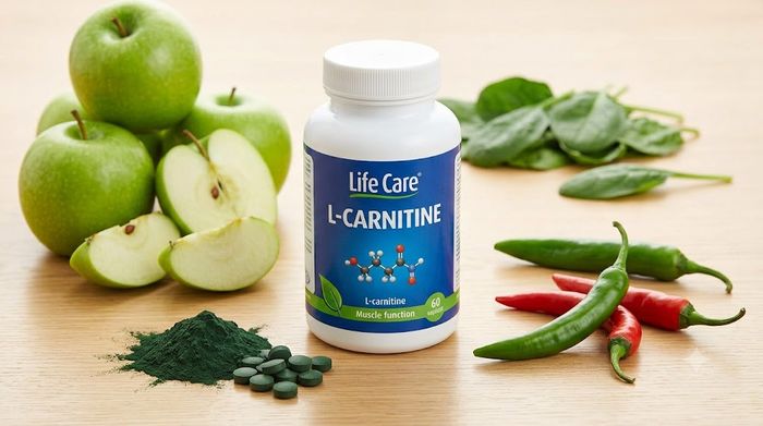 L-Carnitine Life Care flacon cu mere verzi și ardei iute pentru arderea rapidă a grăsimilor corporale.