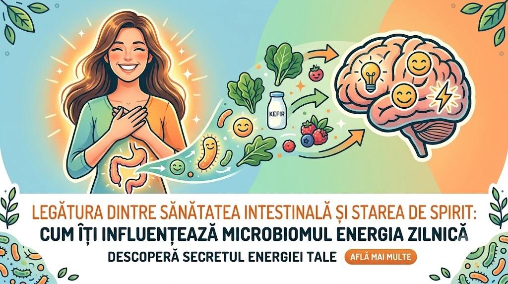Ilustrație despre legătura dintre microbiomul intestinal, starea de spirit și energia zilnică.