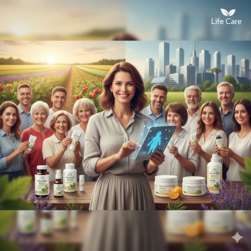 Imaginea ilustrează viziunea holistică a Life Care: peisaje rurale luxuriante, simbolizând originea BIO a produselor, se împletesc armonios cu un fundal urban modern, reprezentând inovația și comunitatea. În prim plan, o femeie zâmbește încrezătoare, ținând o tabletă cu o reprezentare stilizată a corpului uman, sugerând angajamentul companiei față de sănătate și tehnologie (AI). În jurul ei, oameni de vârste diverse, toți zâmbitori și cu produse Life Care în mâini, simbolizează comunitatea puternică și beneficiile aduse de produsele companiei. Imaginea reflectă perfect echilibrul dintre natură, inovație și bunăstare, elemente definitorii pentru succesul Life Care în România.