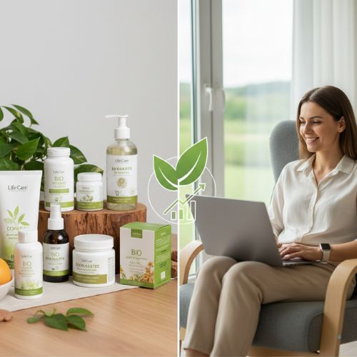 colaj vizual ce prezintă pe o parte diverse produse Life Care bio (cosmetice, suplimente, îngrijire personală) aranjate estetic pe un fundal natural, iar pe cealaltă parte o femeie zâmbitoare care lucrează la un laptop într-un mediu relaxant, simbolizând oportunitatea de afacere și flexibilitatea. O pictogramă cu o frunză și o săgeată crescătoare leagă cele două scene, reprezentând creșterea și natura.