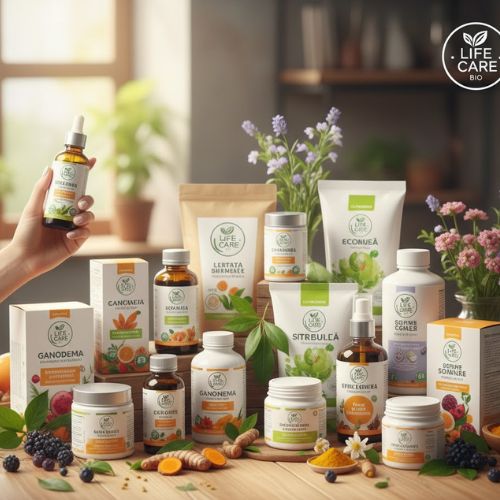 O selecție bogată de produse Life Care, variind de la suplimente alimentare la cosmetice naturale și produse pentru casă, așezate armonios pe o masă din lemn, alături de ingrediente proaspete precum fructe de pădure, turmeric și plante aromatice. Imaginea transmite esența brandului: natură, puritate, inovație și o abordare holistică a sănătății și bunăstării.