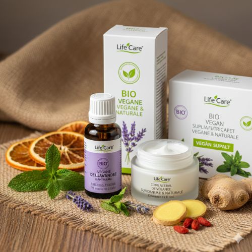 Produse Life Care BIO, vegane și naturale: cremă, ulei esențial și frunze proaspete, simbolizând sănătatea și sustenabilitatea.