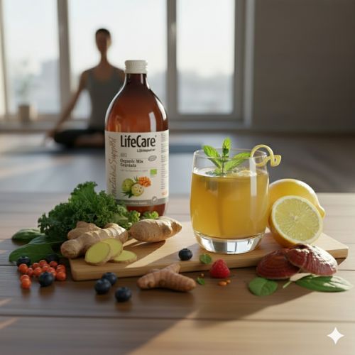 O masă din lemn cu un flacon de suplimente Life Impulse, ingrediente naturale proaspete (ghimbir, lămâi, frunze verzi, fructe de pădure, cătină, ciuperci Reishi), și un pahar cu o băutură energizantă. Pe fundal, o siluetă feminină meditează într-o cameră luminoasă.