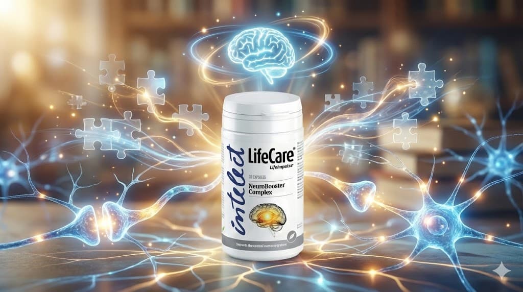 LifeCare NeuroBooster Complex: ilustrație cu neuroni și creier luminos pentru memorie și concentrare.