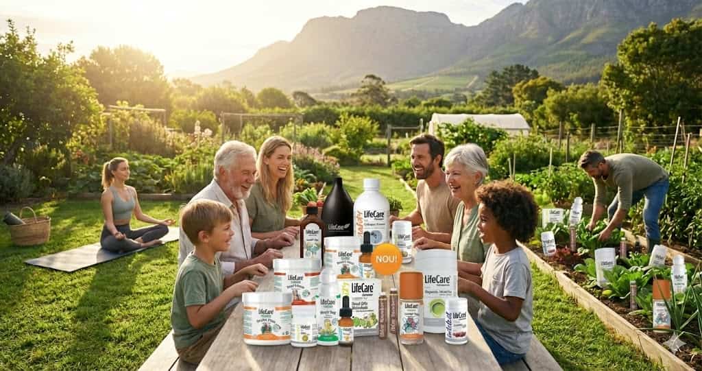 Familie fericită în natură cu produse LifeCare pentru un stil de viață sănătos.