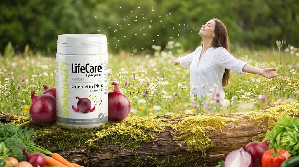 Life Care Quercetin Plus: soluție naturală pentru alergii, cu ceapă. Femeie respirând liber în natură.